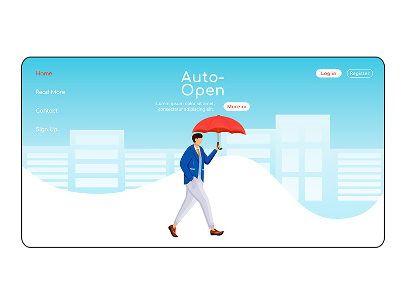 Auto open umbrella landing page flat color vector template