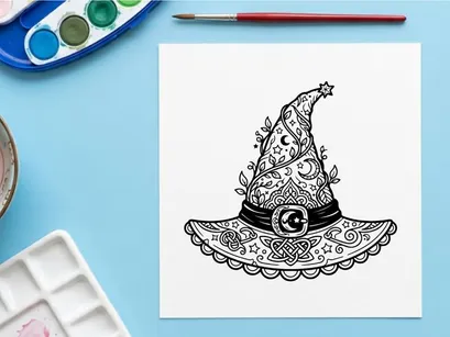 Hand-drawn witch hat with mystical symbols for Halloween design. Vector-style sorceress accessory featuring crescent moon and stars for fantasy ill...