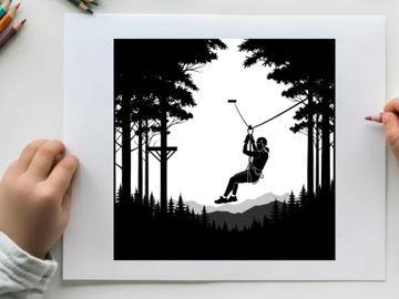 Silhouette of a person ziplining through a forest with trees and mountains preview picture