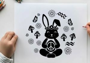 Peaceful silhouette bunny in flowers and mushrooms