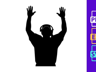Silhouette of a man wearing headphones with hands raised in the air