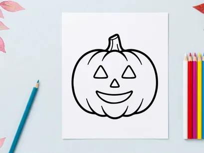 Hand-drawn Halloween pumpkin jack-o-lantern smiling face illustration. Cute black and white sketch of carved autumn squash with triangle eyes and t...