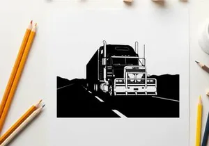 Silhouette of a semi truck driving on a highway at night