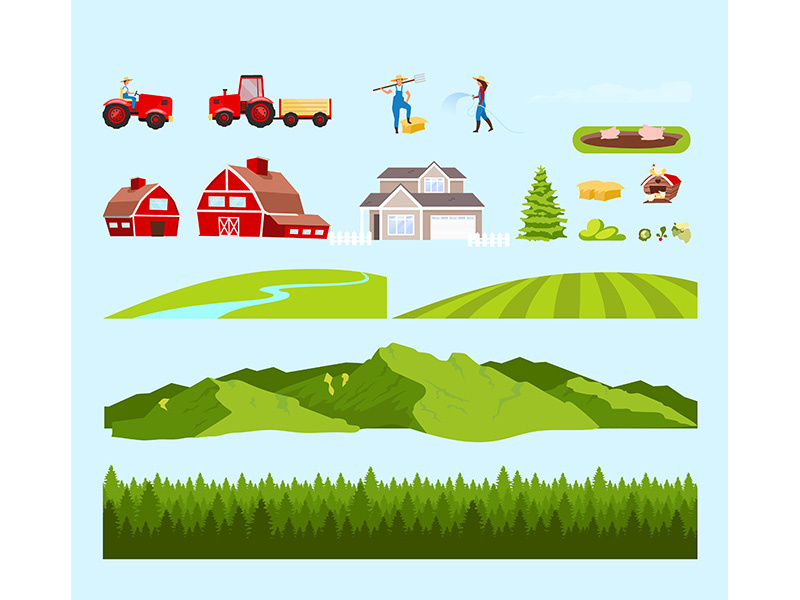 Village workers and fields cartoon vector objects set