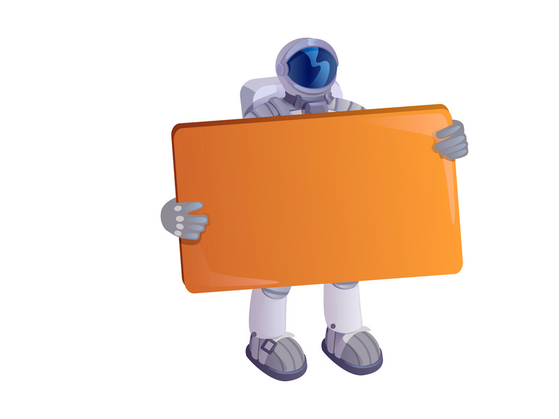 Spaceman holding blank board flat cartoon vector illustration