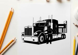 Silhouette of a man standing beside a large semi truck