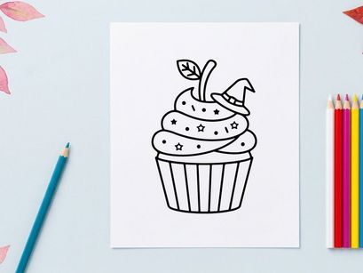 Hand-drawn birthday cupcake with lit candle and sprouting plant. Whimsical sketch-style dessert illustration for eco-friendly celebrations.