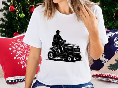 Man riding a lawn mower tractor in a black silhouette illustration