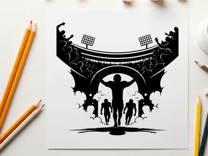 Silhouette of a triumphant athlete in a stadium with cheering crowd silhouette