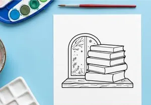 Stack of books on a windowsill with winter snow scene outside, line art illustration.