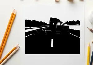 Silhouette of a semi truck driving on a highway with mountains