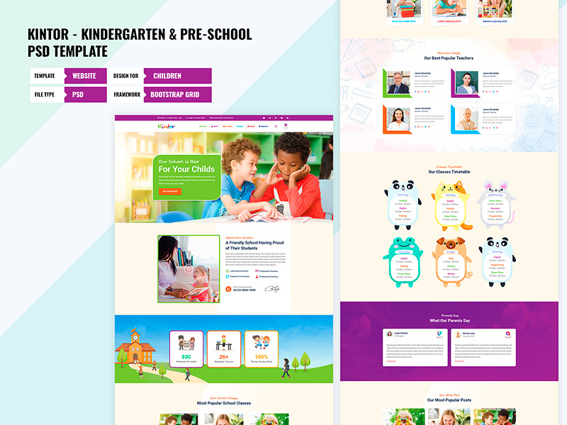 Kids, Kindergarten And Pre-School PSD Template