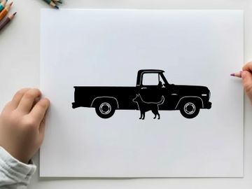 Silhouette of a dog standing beside a classic pickup truck preview picture