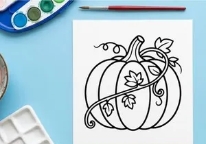 Ilustración decorativa de calabaza para diseños de otoño y Halloween. Motivo artístico de cosecha otoñal con vides y hojas ondulantes.