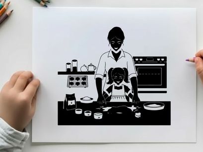 Silhouette of mother and child baking together in kitchen