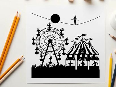 Silhouette of a carnival at night with a ferris wheel and tent silhouette