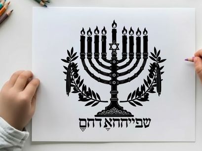 Menorah silhouette with hebrew text and olive branches