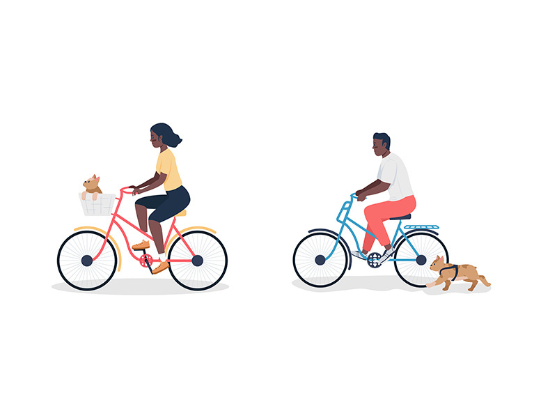 African american man and woman on bicycle with dogs flat color vector detailed character set