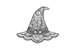 Elegant witch hat with intricate lace pattern and bow detail. Classic Halloween costume accessory for fantasy and gothic fashion styling.