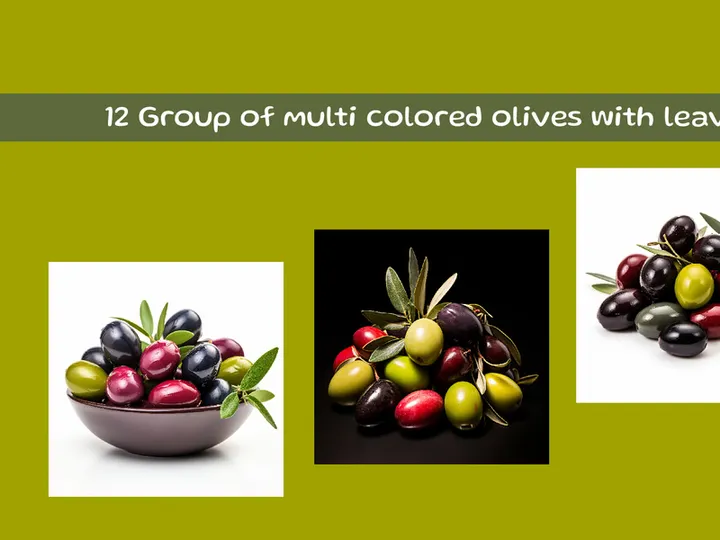 Group of multi colored olives with leaves