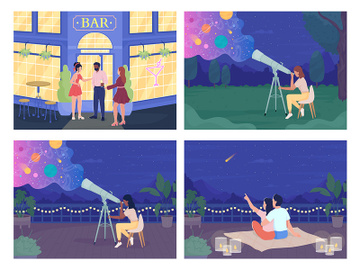 Night scenes with people illustrations set preview picture
