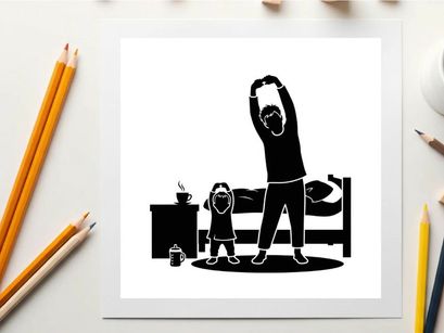 Silhouette of a man and child stretching together at home