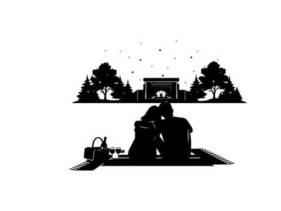 Romantic silhouette of couple on picnic at night outdoors