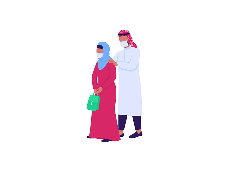 Arabian husband and wife in medical masks flat color vector faceless characters