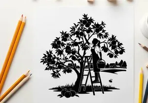 Silhouette of a person picking fruit from a tree on a ladder