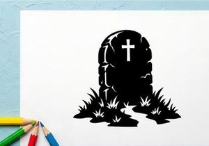 Silhueta de uma lápide com uma cruz e grama em preto e branco