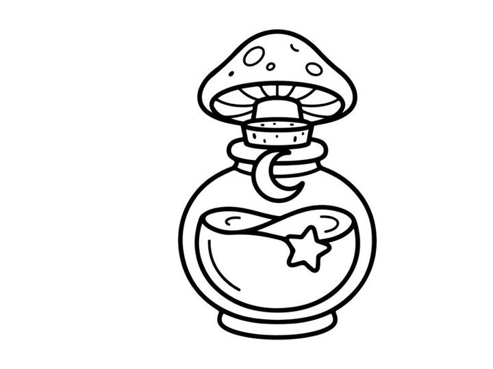 Hand-drawn Halloween magic potion bottle with glowing star and mushroom. Vintage sketch of enchanted elixir jar for spells and fantasy decor.