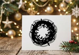 Schwarze Silhouette eines Weihnachtskranzes mit Lichterketten auf weißem Hintergrund