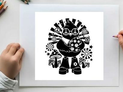 Groovy silhouette of a bird with peace signs and psychedelic patterns