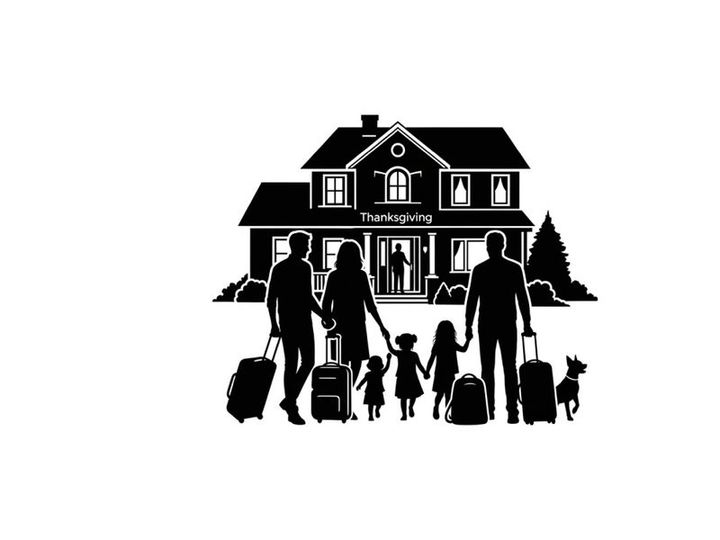 Family arriving at home for thanksgiving silhouette