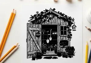 Silhouette of a cozy rustic wooden shed with plants