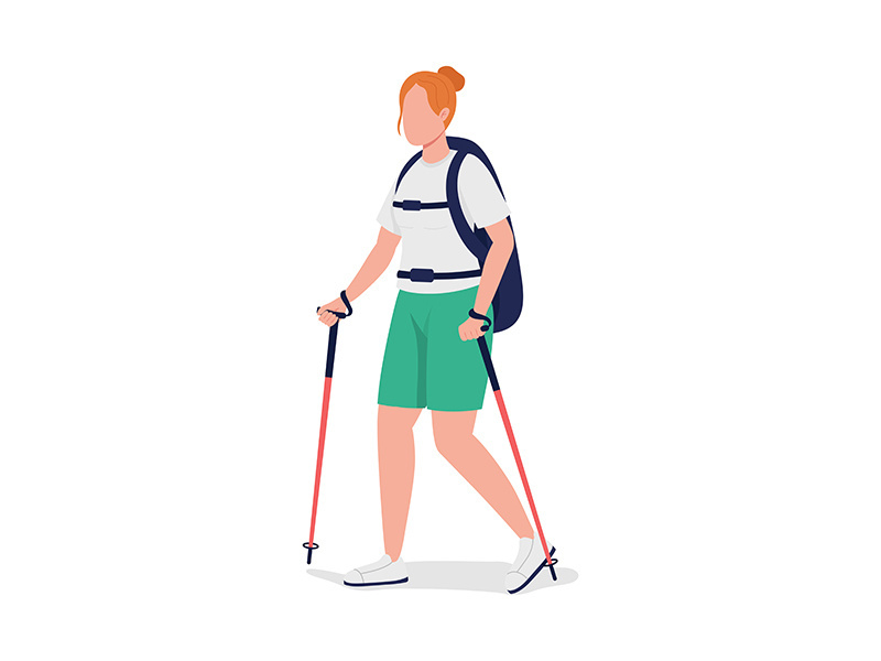 Woman with backpack on trip semi flat color vector character