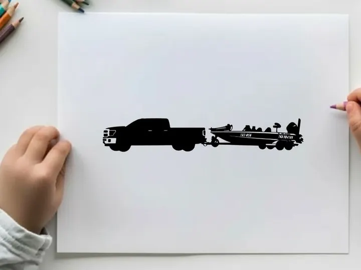 Silhouette of a pickup truck towing a fishing boat