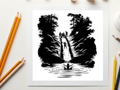 Silhouette of a person in a boat approaching a bridge with people silhouette