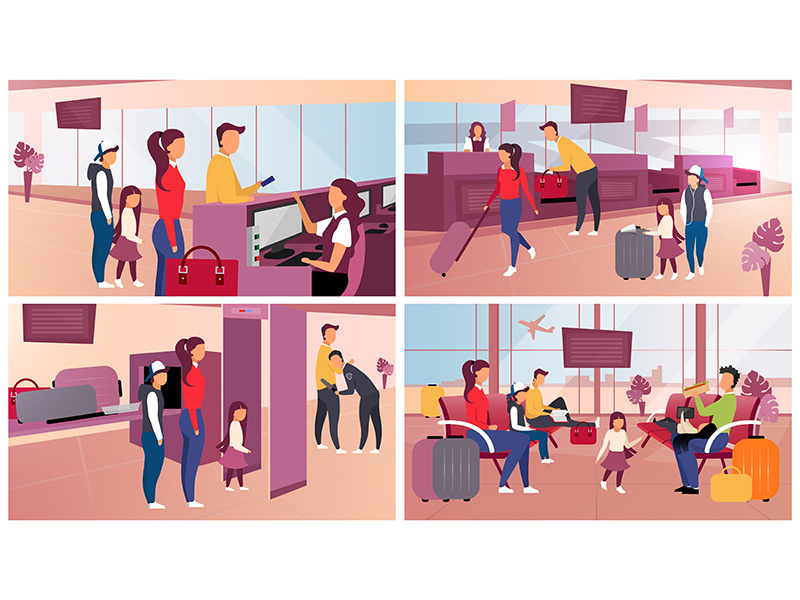 Airport check in flat vector illustrations set