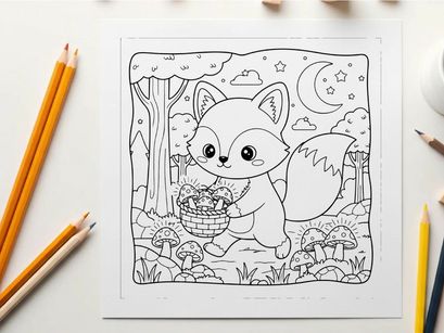 Cute white fox with basket and mushrooms forest vector illustration