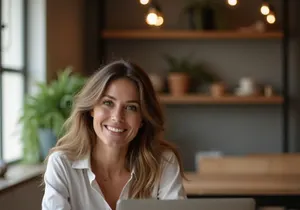 A smiling entrepreneur working on a laptop.