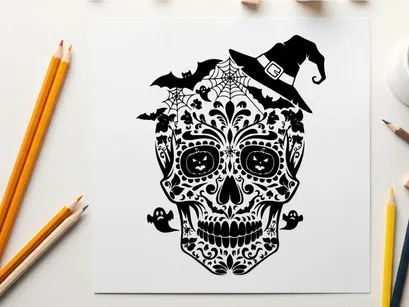 Tag-des-Toten-Schädel mit Hexenhut Vektorgrafik