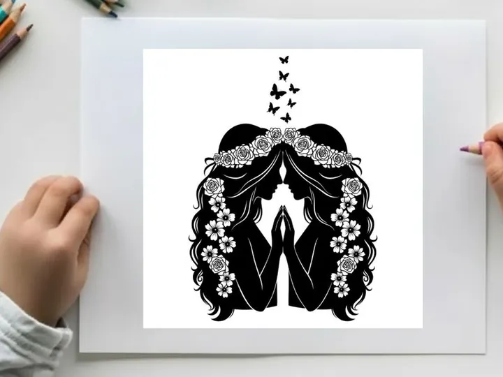 Silhouette of a woman with flowers and butterflies in her hair