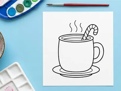 Caneca de chocolate quente de Natal com ilustração de arte de linha de bastão de doces para página de colorir