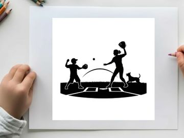 Silhouette of two people playing catch with dog on tennis court preview picture