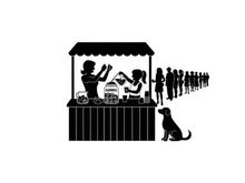 Silhouette of people waiting in line at a food stand with a dog