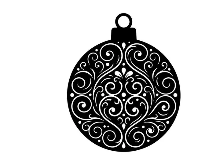 Siluet bola natal hitam dengan pola sulur bunga rumit di latar belakang putih