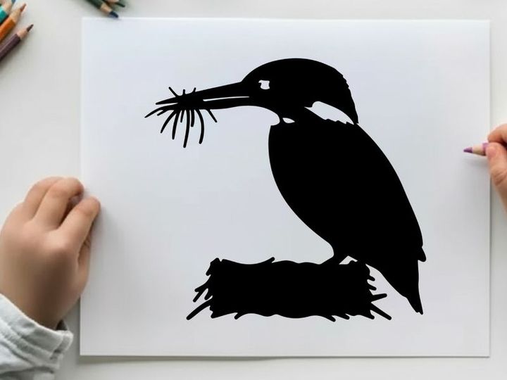 Silhouette of a kingfisher bird with twigs in its beak profile view