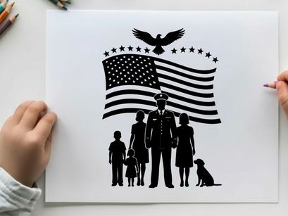 American family silhouette with flag and eagle