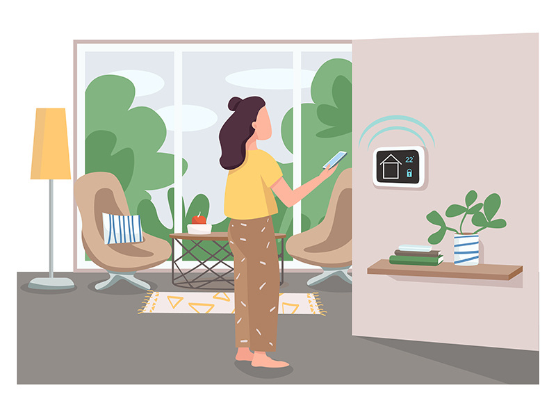 Girl using smart home management panel flat color vector faceless character